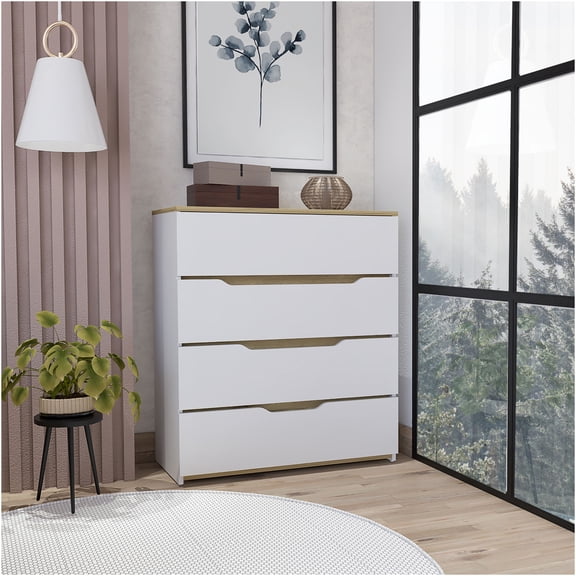 JERFIT 4-Drawer Dresser with Solid Top, Double Tone Bedroom Storage Chest, Organizer for Clothes, White and Light Oak Finish