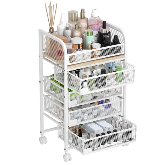 JERFIT 4-Drawer Rolling Makeup Organizer Cart with Wheels & Brakes, Mobile Skincare Vanity Storage Tower for Bathroom, Bedroom, White