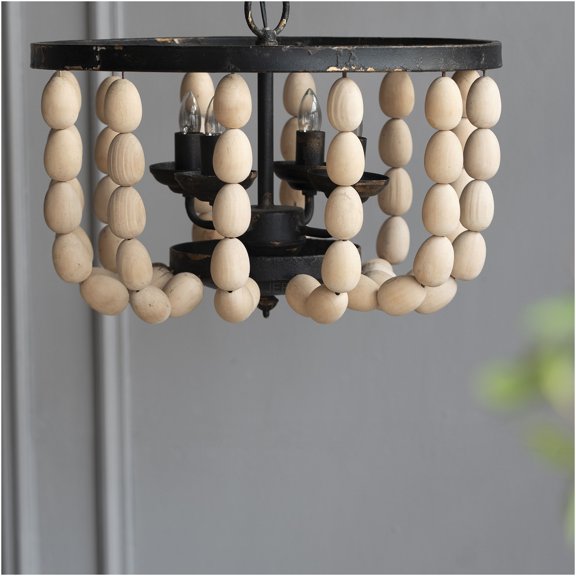 JERFIT 4-Light Beaded Wood Chandelier with Adjustable Chain, Vintage Ceiling Light Fixture for Dining Room Kitchen Entryway Foyer, Cream Finish, Hardwired, No Bulb Included