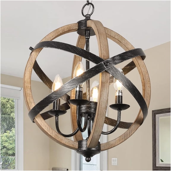JERFIT 4-Light Farmhouse Chandelier Pendant Light with Dimmable Function, Rustic Wood and Metal Ceiling Fixture for Dining Room Kitchen Entryway