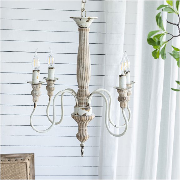 JERFIT 4-Light Farmhouse Chandelier with Wood Beams, Adjustable Hanging Light Fixture for Kitchen Island, Dining Room, Entryway, Cream White