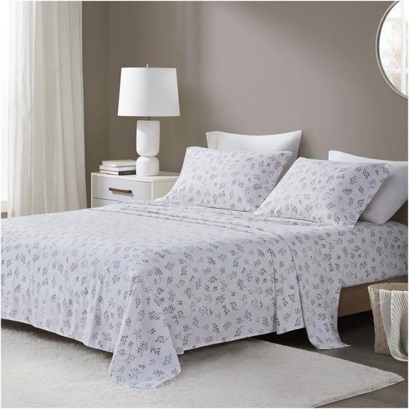 JERFIT 4-PC King Size Flannel Sheet Set - 100% Cotton Printed Bedding Set, All Season Soft & Wrinkle Free, White Botanical Floral Design