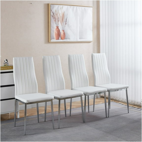 JERFIT 4-Pack Metal Dining Chairs with White Seats and Chrome Legs, Side Chairs for Kitchen, Dining Room, Cafe Bistro