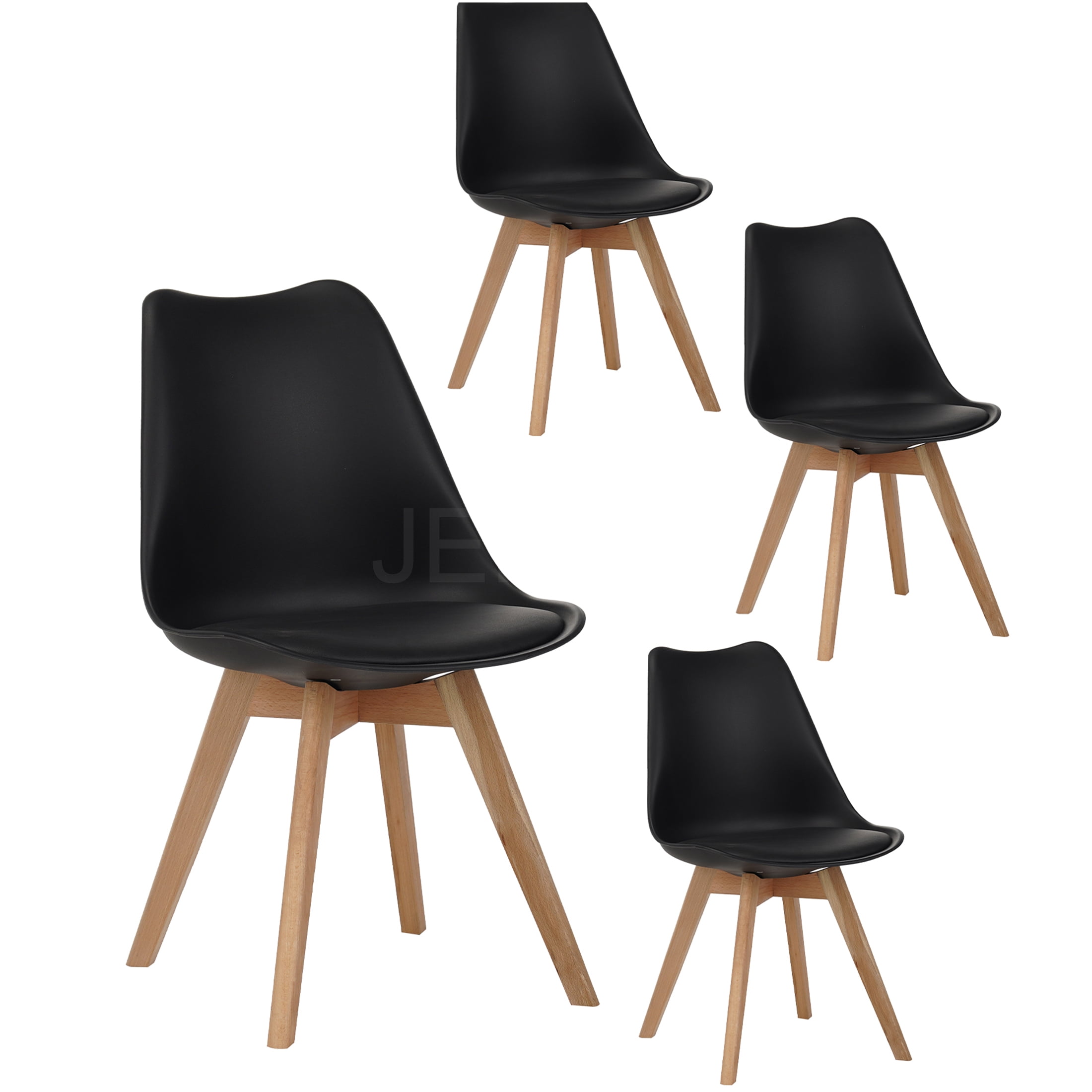 JERFIT 4-Pack Modern Dining Chairs, Black PU Leather Kitchen Chairs with Wooden Legs, Comfortable Stackable Side Chairs for Dining Room, Restaurant, Cafe