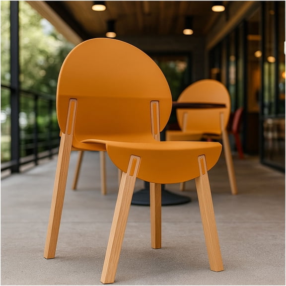 JERFIT 4-Pack Modern Dining Chairs with Solid Oak Wood Legs, Waterproof Tropical Orange Plastic Seats for Kitchen, Dining Room, Office