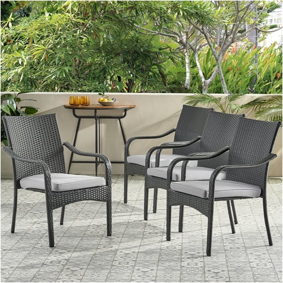 JERFIT 4-Pack Stackable Patio Chairs with Cushions, Grey PE Wicker and Iron Frame Outdoor Dining Set for Garden, Poolside