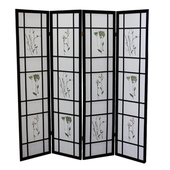 JERFIT 4-Panel Folding Privacy Screen Room Divider, Black Shoji Style with Floral Design for Home or Office