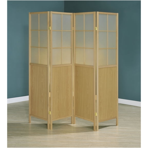 JERFIT 4-Panel Natural Wood Room Divider Privacy Screen, Folding Shoji Style Partition with Window Panels for Home & Office