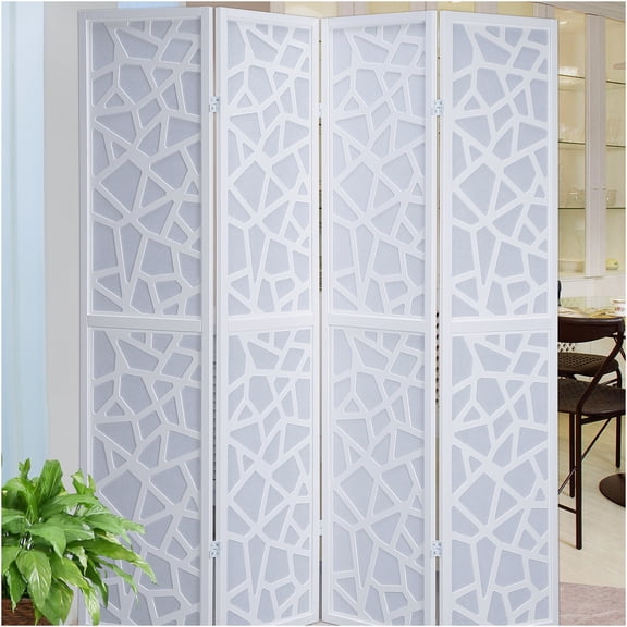 JERFIT 4 Panel Room Divider Privacy Screen with Decorative Mosaic Design, Freestanding Partition for Home & Office, White Wood & Paper Finish