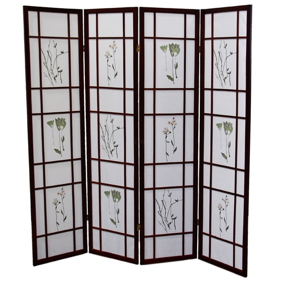 JERFIT 4-Panel Shoji Screen Room Divider, Asian Style Folding Privacy Partition with Floral Design, Solid Wood Frame, Cherry Finish