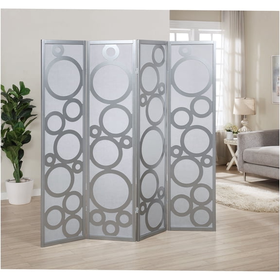 JERFIT 4-Panel Silver Room Divider Screen with Modern Circle Cut-Out Design, Freestanding Wood Partition for Home or Office