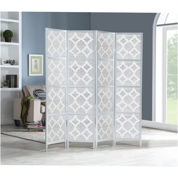 JERFIT 4-Panel Silver Room Divider Screen with Modern Diamond Quarterfoil Design, Wood and Paper Folding Partition for Home & Office
