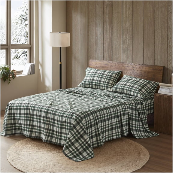 JERFIT 4-Pc King Size Flannel Sheet Set - 100% Cotton, Green Multi Print, Wrinkle-Free All Season Bedding