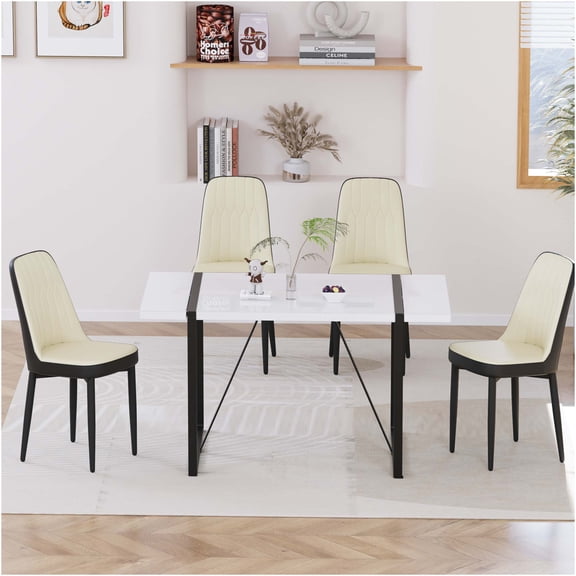 JERFIT 4-Person Dining Table Set with PU Chairs, Modern Industrial Kitchen Table for 4, Beige White MDF Top and Black Metal Legs, Rectangular Diner Set