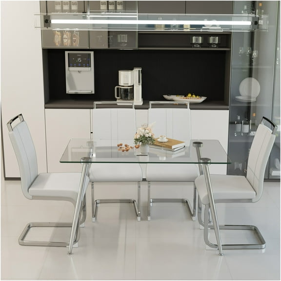 JERFIT 4-Person Modern Dining Set with Tempered Glass Table & PU Chairs, Silver Legs Kitchen Table Set for Dining Room