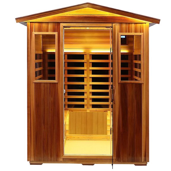 JERFIT 4 Person Outdoor Infrared Sauna Room, Natural Wood FAR Infrared Dry Heat Home Spa with 8 Carbon Fiber Heaters, Digital Control, Built-in Stereo, LED Light, Oxygen Bar