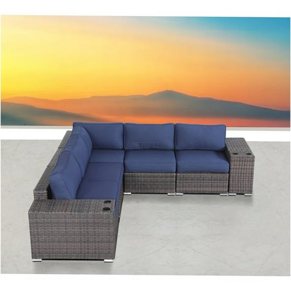 JERFIT 4-Person Outdoor Patio Sofa Set with Cushions, Fully Assembled Rattan Sectional Lounge Set for Garden, Poolside, Brown Wicker & Navy Blue