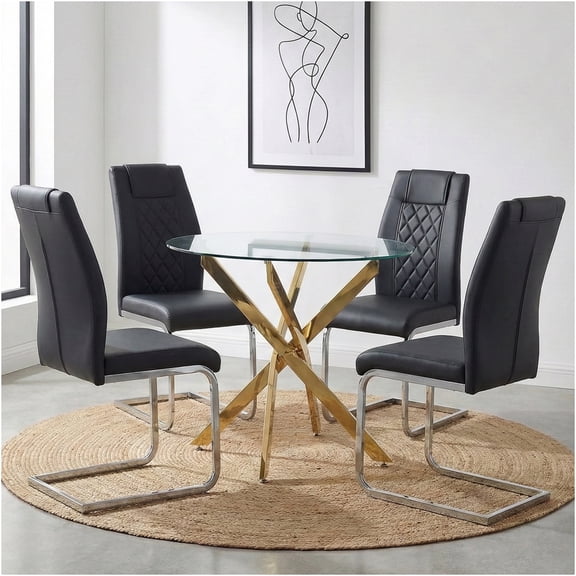 JERFIT 4-Person Round Tempered Glass Dining Table Set with Gold Metal Base and Black PU Chairs, Modern Kitchen Table for Small Space, Nordic Style