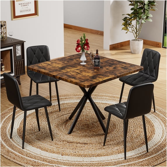 JERFIT 4-Person Square Dining Table Set, Mid-Century Modern Kitchen Table with Faux Marble Top and 4 PU Chairs, Space-Saving Design for Small Dining Room, Office, Breakfast Nook
