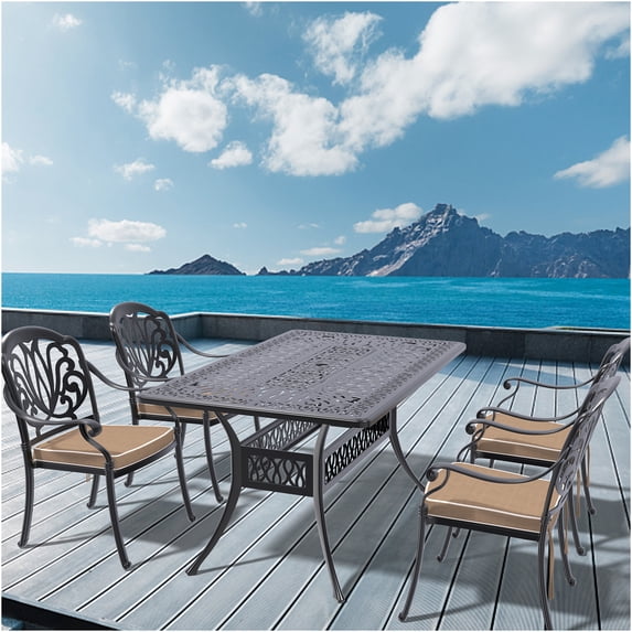 JERFIT 4-Piece Cast Aluminum Patio Dining Set with Table, Stackable Chairs & Brown Cushions for Outdoor Garden, Black
