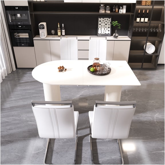 JERFIT 4-Piece Cream White Dining Set with Table & PU Chairs, Modern Industrial Kitchen Table Set for 4, MDF Top & Silver Metal Legs