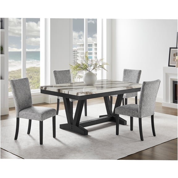 JERFIT 4-Piece Dining Set with Faux Marble Tabletop, Trestle Base and 4 Padded Chairs for Kitchen, Dining Room