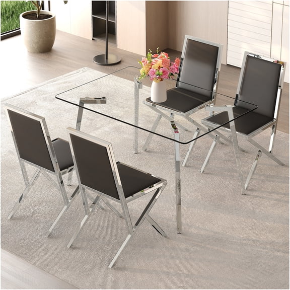 JERFIT 4-Piece Dining Table Set with Tempered Glass Tabletop and PU Chairs, Modern Kitchen Table for 4, Silver Metal Legs, Light Luxury Black Dining Room Furniture