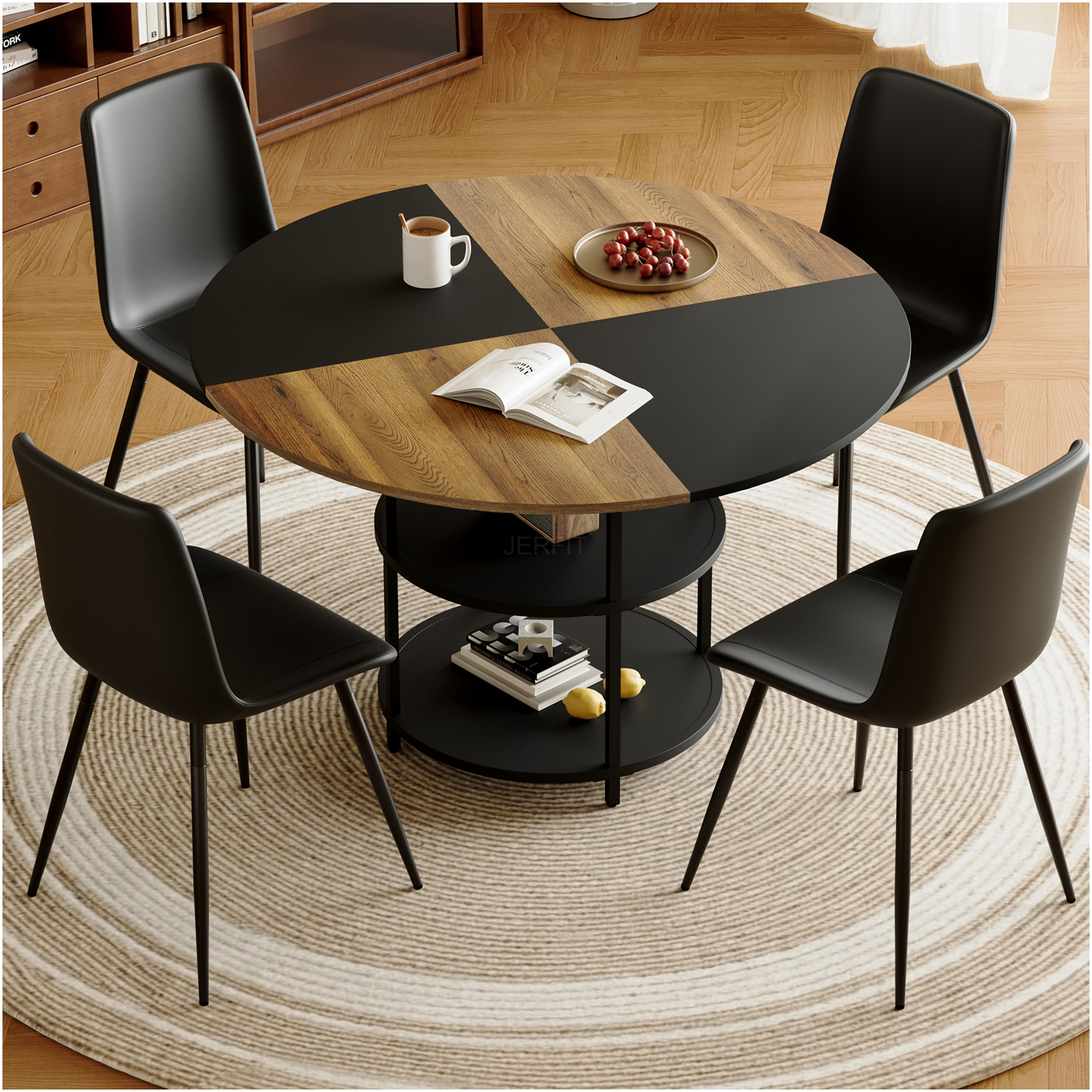 JERFIT 4-Piece Dining Table Set with Storage, Modern Round Table and 4 ...
