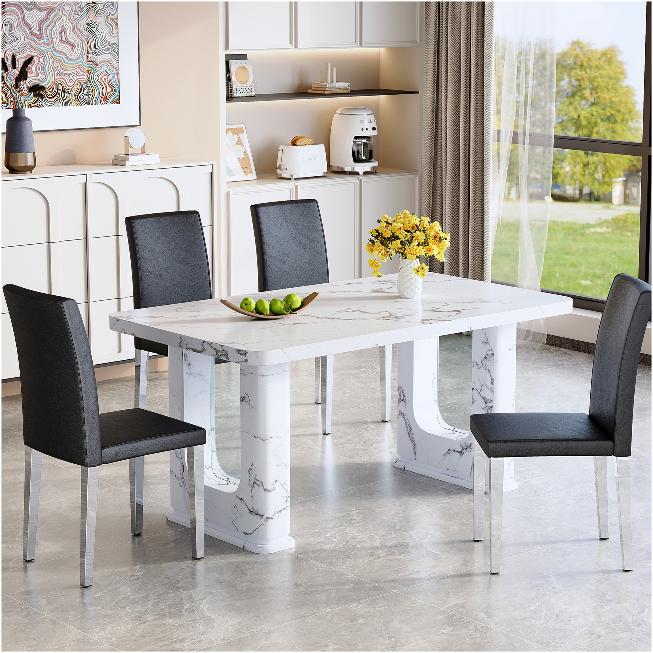 JERFIT 4-Piece Dining Table Set with White Marble Tabletop, Black PU ...