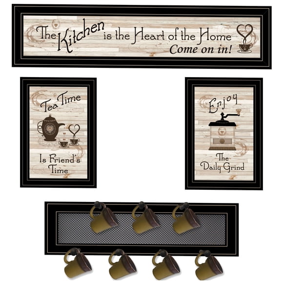 JERFIT 4-Piece Framed Wall Art Set with Mug Rack, Multicolor Paper Print on Wood Frame, Modern Home Decor for Living Room, Bedroom, Kitchen