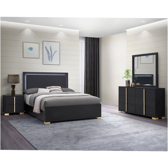 JERFIT 4-Piece Full Bedroom Set with LED Headboard, Black Contemporary Bedroom Furniture with Gold Accents, Dresser, Mirror & Nightstand