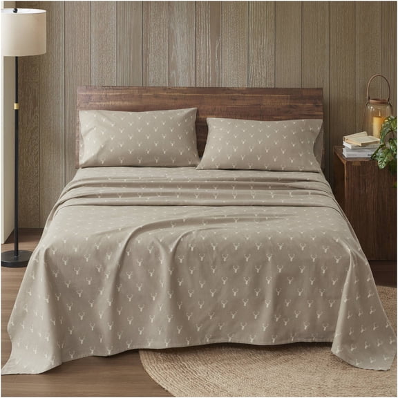 JERFIT 4-Piece Full Sheet Set - 100% Cotton Flannel Bed Sheets with Stag Head Print, Wrinkle Free & Ultra Soft, Brown