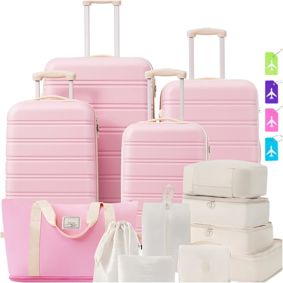 JERFIT 4-Piece Lightweight Hardshell Spinner Luggage Set with TSA Lock, Expandable Suitcases & Travel Accessories, Light Pink ABS