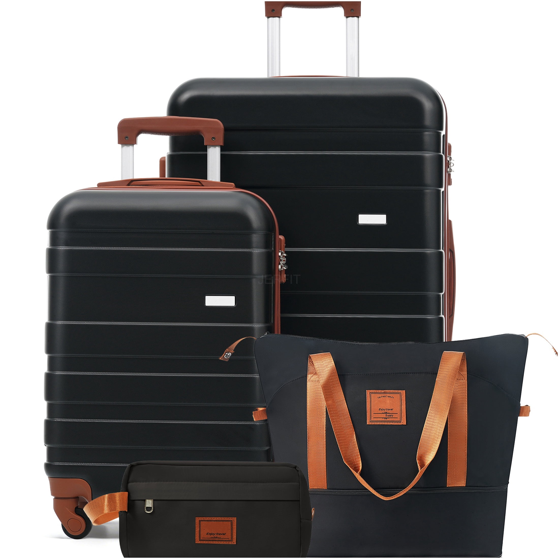 JERFIT 4-Piece Luggage Set with TSA Lock, Spinner Wheels, Carry-On & Checked Suitcase, Travel Duffel & Toiletry Bag, Black ABS
