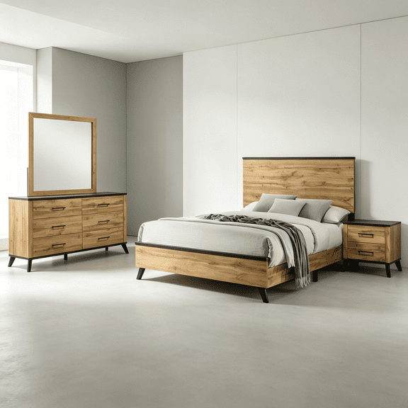 JERFIT 4-Piece Mid-Century Modern Bedroom Set Queen Size, Natural Pine & Weathered Brown Finish, Wood Bed, Dresser, Nightstand, Mirror