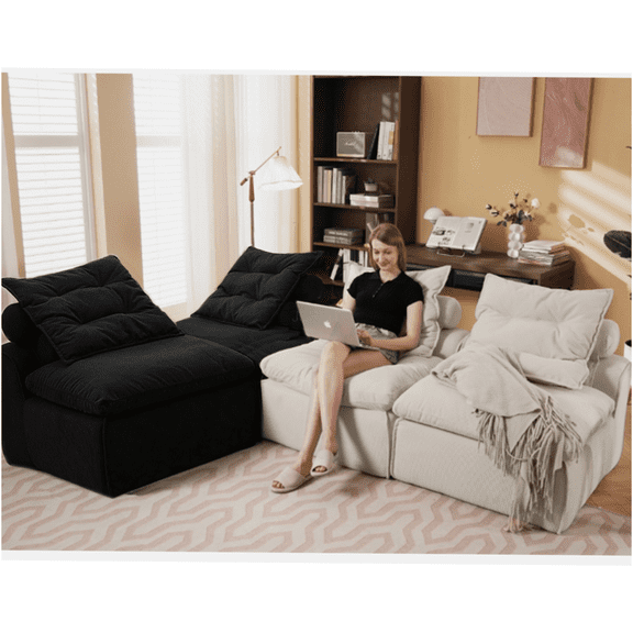 JERFIT 4-Piece Modular Sofa Set with Pillows, Customizable Sectional Couch, Soft Corduroy Fabric, No Armrest Design for Small Spaces, Beige or Black