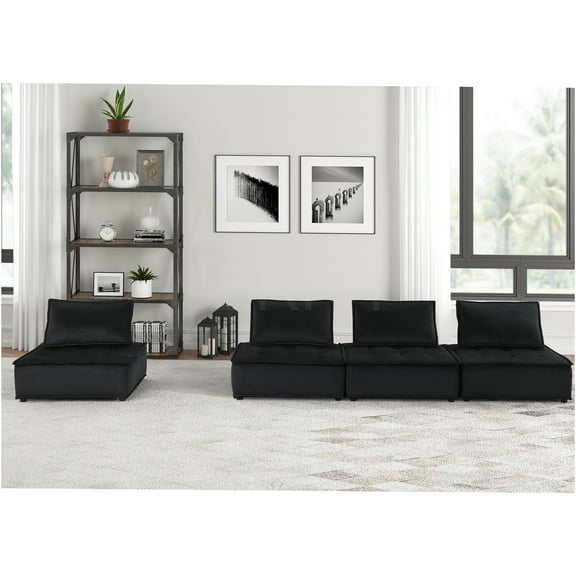 JERFIT 4-Piece Modular Velvet Sofa Set in Black, Plush Tufted Back, Foam & Spring Cushions, Modern Sectional for Living Room