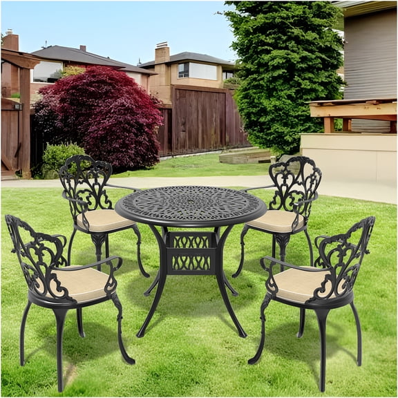 JERFIT 4-Piece Outdoor Patio Dining Set with Round Table, Black Aluminum Frame & Beige All-Weather Cushions for Garden, Porch, Backyard