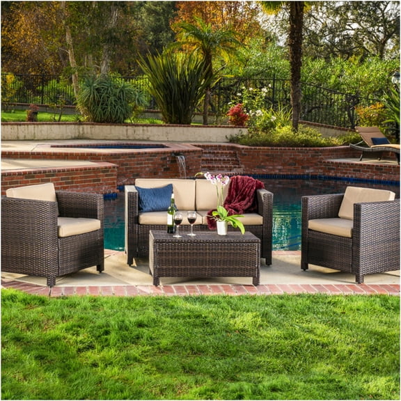 JERFIT 4-Piece Patio Furniture Set, Outdoor Sofa Set with Coffee Table, All-Weather Rattan Wicker Sectional Seating Group with Plush Cushions for Garden, Porch, Backyard, Dark Brown