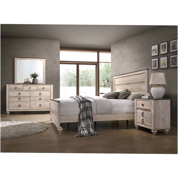 JERFIT 4-Piece Queen Bedroom Set in Walnut Brown, Modern White Wash Wood Platform Bed with Dresser, Mirror and Nightstand