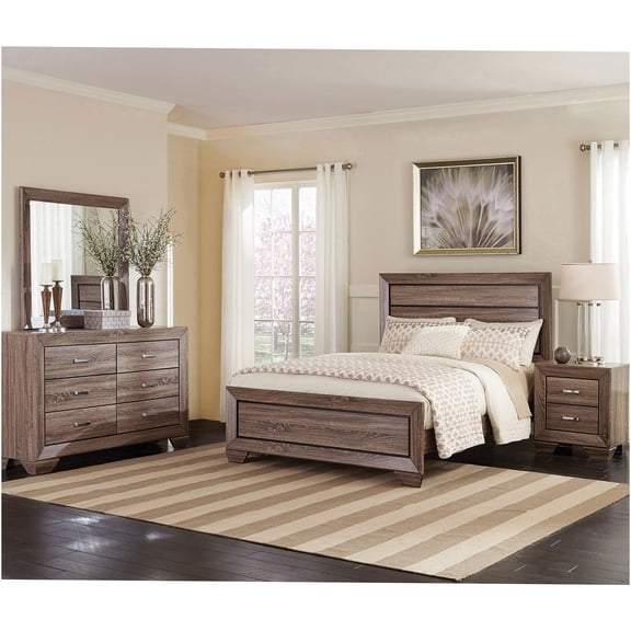 JERFIT 4-Piece Queen Bedroom Set in Washed Taupe, Engineered Wood Frame with Mirror, Transitional Style Bed, Dresser & Nightstand