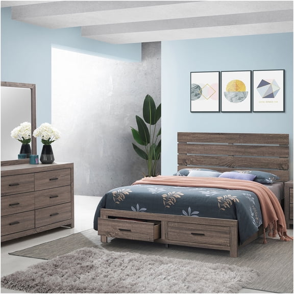 JERFIT 4-Piece Queen Bedroom Set with Storage Drawers, Farmhouse Platform Bed, Dresser, Nightstand & Mirror in Warm Oak Finish