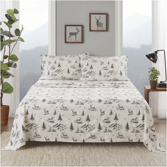 JERFIT 4-Piece Queen Flannel Sheet Set - Soft Brushed Cotton Bedding with Deer Toile Pattern, Multicolor
