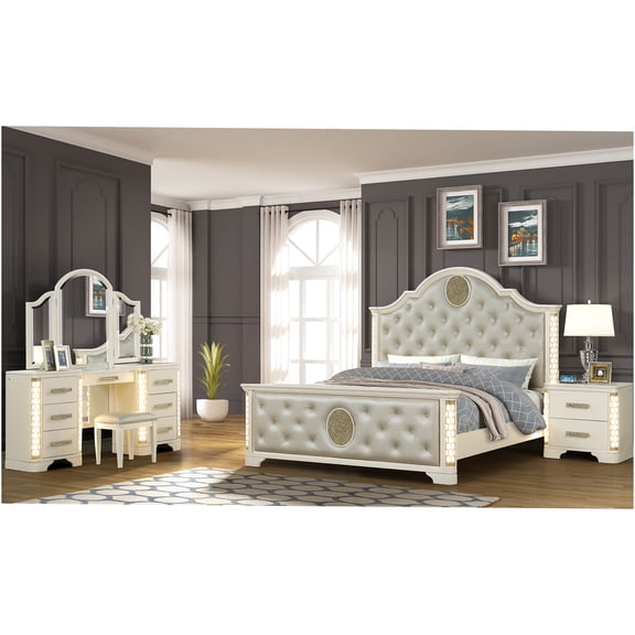 JERFIT 4-Piece Queen LED Vanity Bedroom Set in Beige, Wood Bed Frame with Crystal Tufted Headboard, Lighted Mirror & Dresser for Modern Glamour