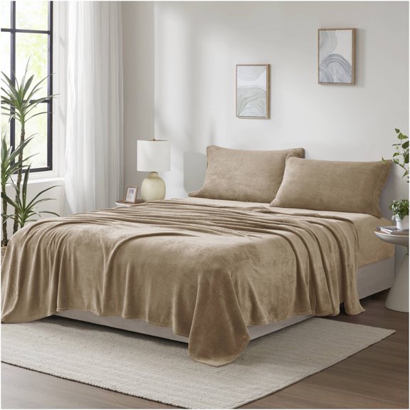 JERFIT 4-Piece Queen Sheet Set - Ultra Soft Micro Plush Bedding, Taupe, Deep Pocket Fitted Sheet, Wrinkle & Fade Resistant