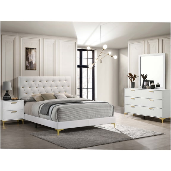 JERFIT 4-Piece Queen Upholstered Bedroom Set in White with Gold Accents, Platform Bed, Dresser, Mirror & Nightstand