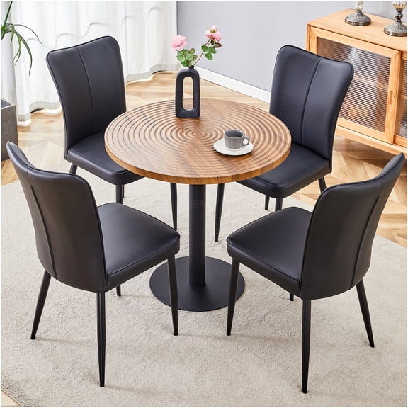 JERFIT 4-Piece Round Dining Table Set with PU Chairs, 31.5 Inch Dark Wood Grain Tabletop and Black Metal Legs for Kitchen, Diner, Small Space