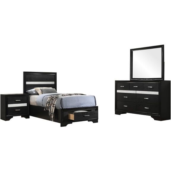 JERFIT 4-Piece Twin Bedroom Set with Dresser, Mirror & Nightstand, Black Wood Bedroom Furniture with Crystal Accents