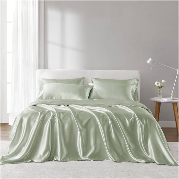 JERFIT 4-Piece Twin Satin Sheet Set, Sage Green - Wrinkle Free, Cooling Bed Sheets with Deep Pockets, OEKO-TEX Certified Polyester