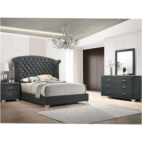 JERFIT 4-Piece Upholstered King Bedroom Set with Wingback Headboard, Dresser, Mirror & Nightstand in Modern Grey Velvet